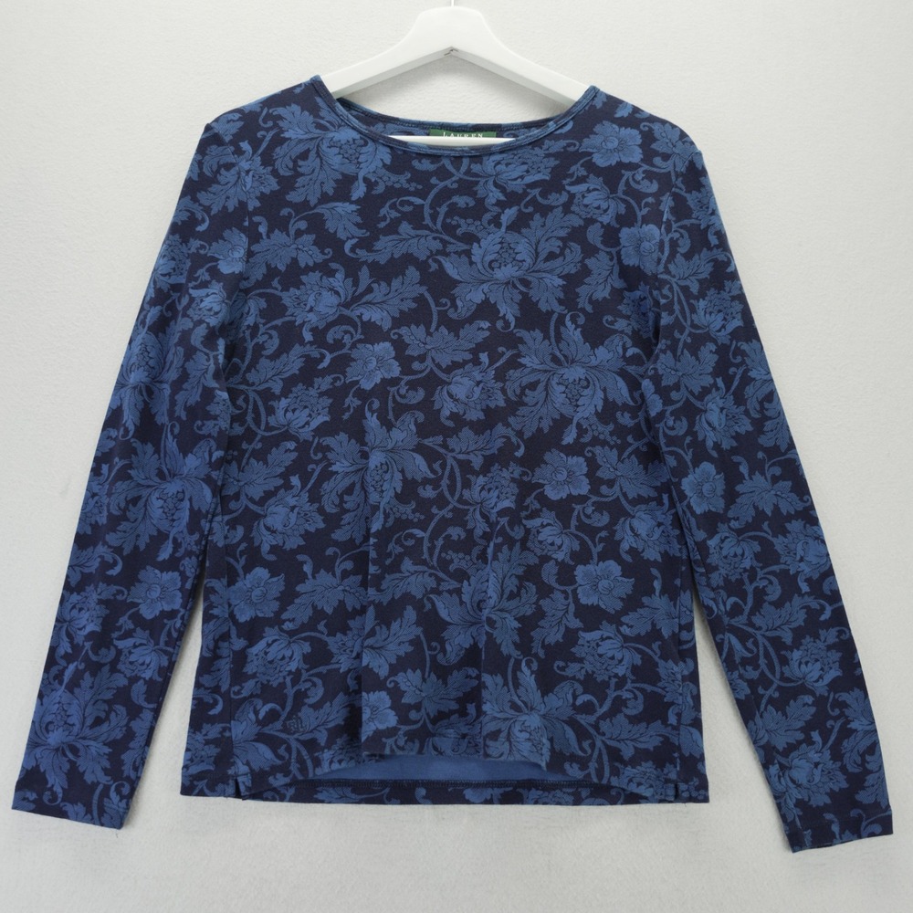 Lauren Ralph Lauren Petite Blue Damask Paisley Feather Floral Long Sleeve Top PL